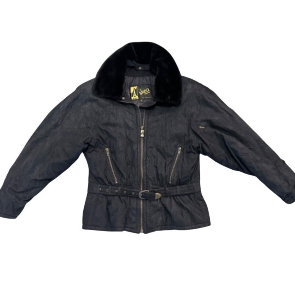 Vintage Skea Paris Jacket Womans 12 Black Suede Ski‎ Fur Collar Belt Puffer Coat